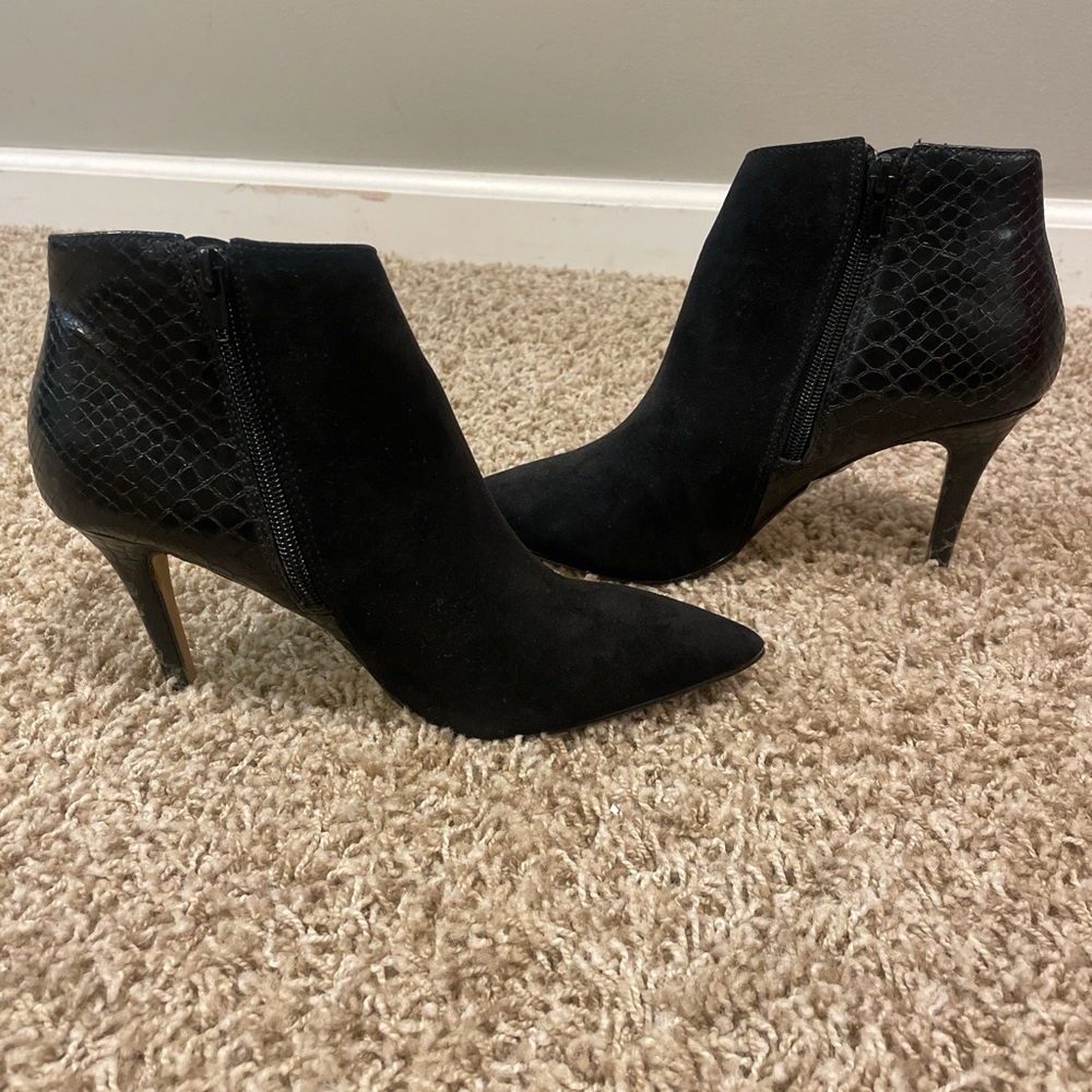 Express Black Suede Pointed Ankle Booties with Snakeskin Heel